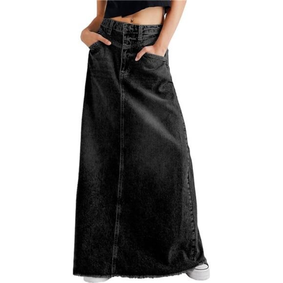 Women Denim Maxi Skirt Frayed Raw Hem High Waist Black - Picture 1 of 3
